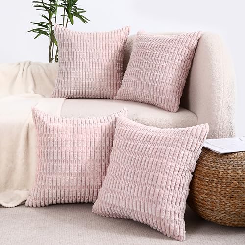 All Smiles Decorative Pink Throw Pillow Covers 18x18 Set of 4 Farmhouse Rustic Boho Home Decor Soft Plush Striped Corduroy Square Cushion Case for Living Room Couch Bed Sofa