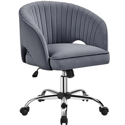 Yaheetech Modern Velvet Desk Chair, Makeup Vanity Chair with Tufted Barrel Back Height Adjustable Accent Armchair Swivel Task Chair for Home Office Dark Gray