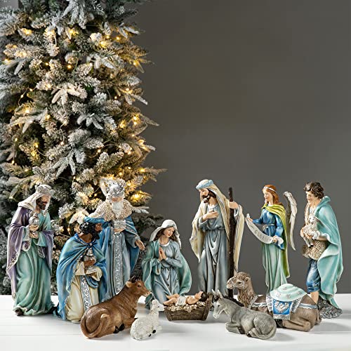 "Glitzhome 12Pcs Deluxe Blue Resin Nativity Figurines Set Christmas Ornaments Xmas Tabletop Scenes Figures Set Collectibles Countertop Statue Miniatures Decorative Crafts Accessories 15.5"" x 45.00"""