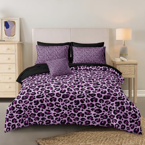 Leopard Print Comforter Queen Black and Purple Bedding Sets 8 Pcs Purple Cheetah Animal Print Texture Wild Leopard Bed in A Bag with Comforter and Sheet Set