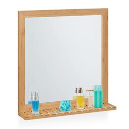 Relaxdays Wall Mirror with Shelf, Bamboo Frame, HxWxD 61.5 x 60 x 12 cm, Bathroom & Toilet, Hallway & Bedroom, Natural