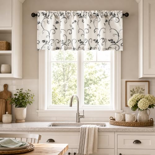 VOGOL Grey Vine Embroidered Kitchen Valance, Country Style Curtain Valances for Small Windows, Light Filtering Line Textured Window Treatments for Farmhouse, 1 Panel, 60Wx18L