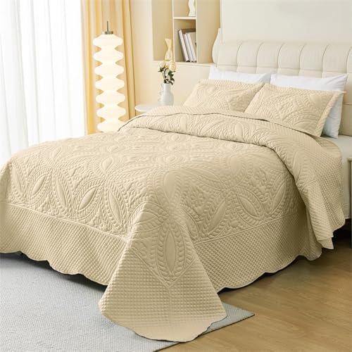 "Cmfshape Oversize King Bedspread 114""x102"",3 Pieces California King Size Quilt,Lightweight Beige Quilt Set for All Season,Modern Coin Pattern Bedding Set(1 Quilt,2 Pillowshams)"