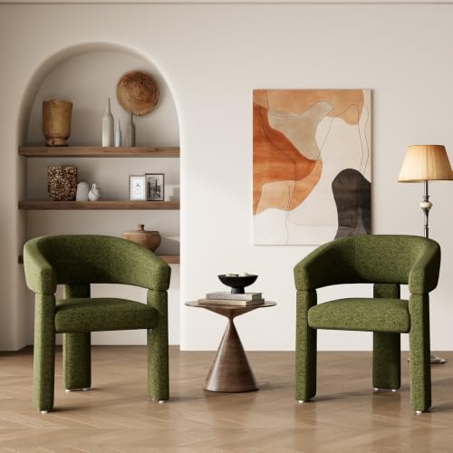 MALOL Wooden Dining Chairs Set of 2, Fabric Accent Chairs with Armrest, Comfy Round Upholstered Arm Chair with 3 Legs, Kitchen Chairs for Dining Room, Living Room, Green
