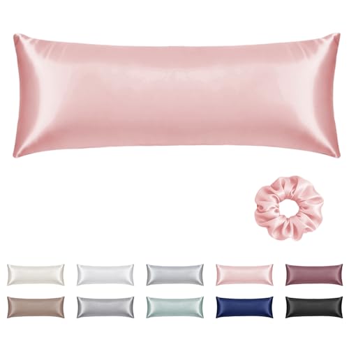 Vielit Satin Body Pillow Pillowcase 1pc,Silky Body Pillow Cover Similar to Silk Pillow Cases Soft Body Pillow Case 20x54 & Envelope Closure,Gift for Women Men Coral Pink & 1 Satin Scunchie