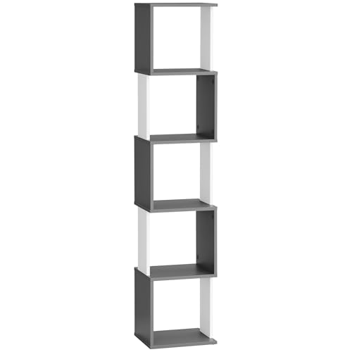 HOMCOM Modern 5-Tier Bookshelf Tall Narrow Bookcase White and Dark Grey