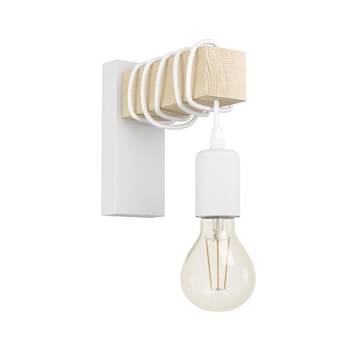 EGLO Indoor wall Light Townshend, Vintage wall lamp in Industrial Design, Retro Lighting Made of Steel and Wood, Colour White, Brown, Socket E27, FSC Certified
