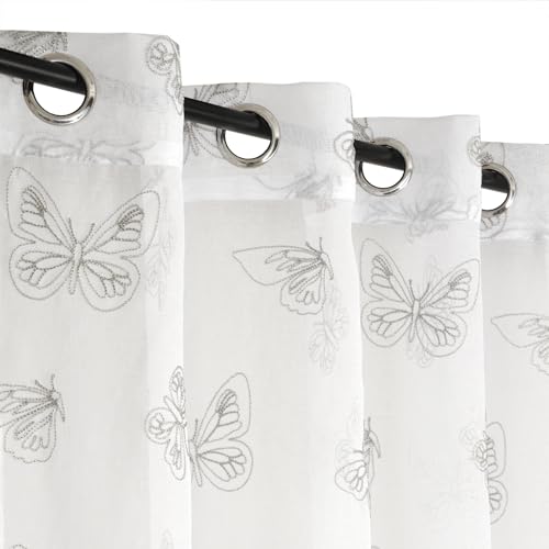 Atout Ciel Embroidered Butterfly Net Curtain with Eyelets 140 x 240 cm Ready to Hang White/Grey