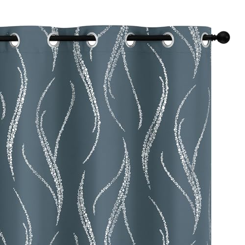 Yakamok Blackout Curtains 54 inch Length Living Room Thermal Insulated Silver Wave Line Dots Pattern Curtains Room Darkening Grommet Curtains for Bedroom, Stone Blue, W42 x L54-inch, 2 Panels