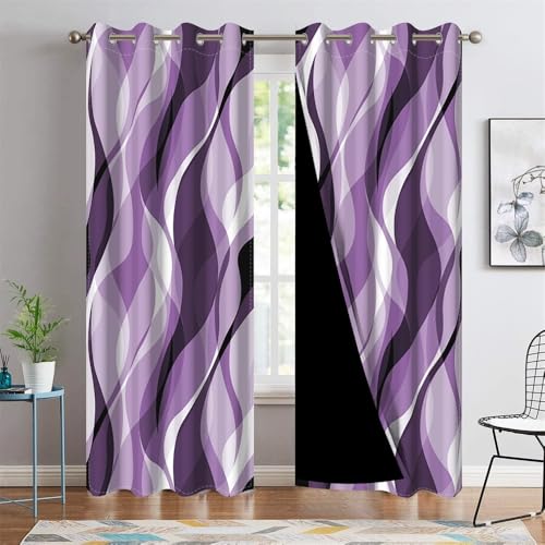 DORCEV Ombre Purple Blackout Window Curtains Abstract Art Aesthetic Gradient Kitchen Curtains Geometric Wave Lines Thermal Insulated Room Darkening Window Drapes Home Decor,53x84 inch,2 Panels