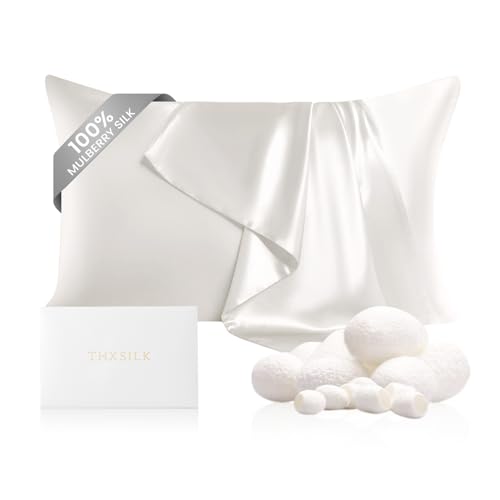 "THXSILK 100% Pure Mulberry Silk Pillowcase for Hair and Skin, Upgraded Real 22 Momme Grade 6A+ Silk, Durable, Soft, Anti-Aging Silk Pillow Case (King 20""x36"", White)"