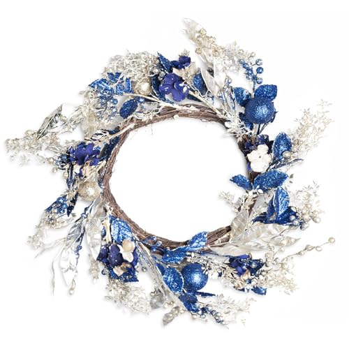 SHATCHI Baubles Wreath 58cm Gold Blue PE Material Wreath Decorative Fire-Resistant Winter Festive Wreath Holiday Decor Bendable Wire for Front Door Home Display & Stair Rails
