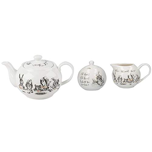 V&A Alice in Wonderland Mini Teapot, 450ml (16 fl oz) & V&A Alice in Wonderland Fine China Milk Jug and Sugar Bowl Set with Decorative Illustrations (2 Pieces) - White