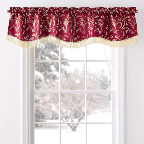"Violet Linen Luxury Damask Window Valance, 60"" x 15"", Burgundy, Gold Fringes"