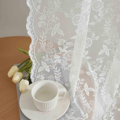 FINECITY Lace Curtains 72 Inches Long for Bedroom, Country Leaf Floral Design Lace Curtain 2 Panels, Rod Pocket Vintage Privacy Window Sheer Lace Curtains, 42 x 72 Inch, 1 Pair, Ivory