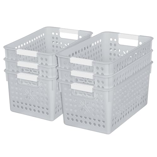Cetomo Plastic Storage Box, Storage Baskets with Handle, Shelf Basket Organizer with Hole, Open Top Storage Bin for Home Kitchen Office, Gray, 6 Pack (27 x 18 x 14.5 cm)
