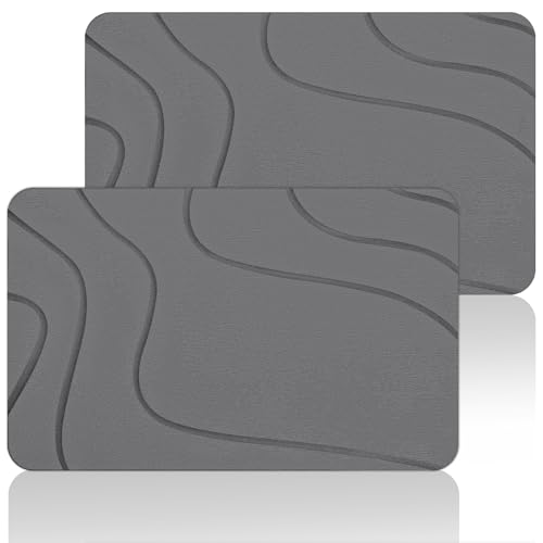 Ceecysaa 2 Pack Stone Bath Mats Quick Dry Diatomaceous Earth Dark Gray - Two Water Absorbing Bathroom Mats with Textured Surfaces and Non Slip Pads