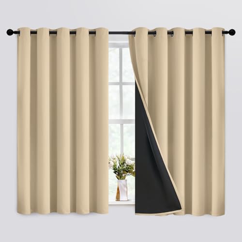 SimpleHome Beige 100% Blackout Curtains Room Darkening Living Room 63 Inch - Curtains for Bedroom,Thermal Insulated Grommet Window Drapes,Curtains for Living Room with Black Back,62 x 63 Inch,2 Panels