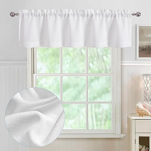 Chyhomenyc White Short Curtain Valance for Windows, Faux Linen Textured Half Window Curtains, Burlap Solid Topper Small Curtain Valance for Bathroom Laundry Basement, 60Wx18L Inch, 1 Piece