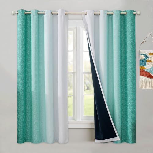 Geomoroccan Ombre 100% Blackout Curtains 63 Inch Length 2 Panels for Bedroom Living Room Teal White Gradient Patterned Room Darkening Thermal Insulated Grommet Window Treatment Drapes,52x63, 2 Set