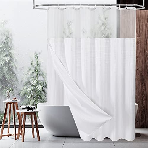 MitoVilla White Waffle Shower Curtain Set with Snap-in Liner, Modern Waffle Weave Heavyweight Fabric Shower Curtain for Luxury Neutral Hotel & Spa Bathroom Decor, 72 x 72
