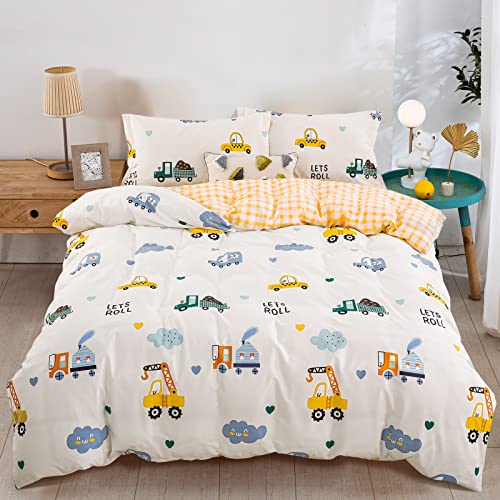 DJY Kids Duvet Cover Set Twin, Cotton Cartoon Car Truck Bedding Set for Boys Girls, 2 Pieces Soft Breathable White Yellow Plaid Reversible Comforter Cover Set (1 Duvet Cover+1 Pillowcase)