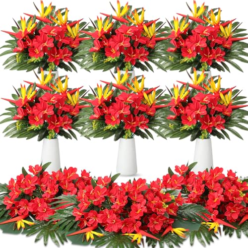 Hotop 32 Pcs Artificial Tropical Flower Bouquets Bulk for Hawaii Party Centerpieces Bird of Paradise Lily Bouquet Permanent Flower Tropical Imitation Plant for Party Office Home Decor (Bright Red)