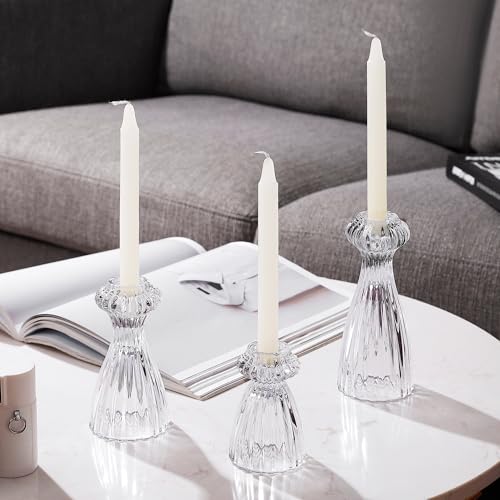 Lysenn Glass Candle Stick Holder Set of 3 ??? Premium Taper Candle Holders for Romantic Ambiance - Candle Sticks Holder Decor for Special Occasions - Clear
