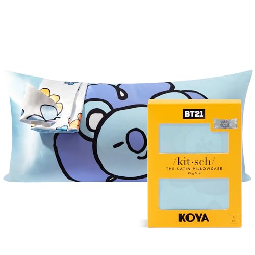Kitsch BT21 Satin Pillowcase with Zipper for Hair and Skin More Delicate Than Silk, Cooling Machine Washable Non Wrinkle Smooth King Size 48 x 91 cm Koya