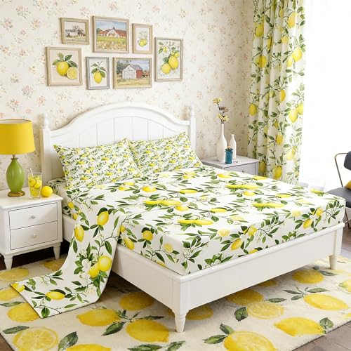 Lemon Bottom Sheet Full,Summer Fruits Bedding Set for Kids Teens Adults Girls Room Decor,Green Leaves Plants Sheet Set Fresh Nature Yellow White 4pcs Fitted Sheet+Flat Sheet+2 Pillowcases