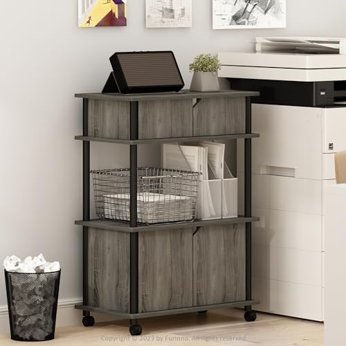 Furinno Turn-N-Tube Printer Stand with Storage, 4-Tier Printer Table with with Storage Cabinet and Casters, Open Frame Standing Shelf, for CPU, Office Supplies, Home Office, French Oak Grey