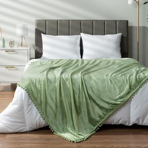 PAVILIA Sage Green Throw Blanket Pom Pom Twin Bed Couch Sofa, Fleece Soft Fuzzy Cozy Lightweight Pompom Fringe Blanket, Decorative Boho Room Home Decor Gift Flannel Velvet Throw, Light Green, 60x80