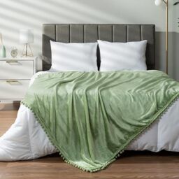 PAVILIA Sage Green Throw Blanket Pom Pom Twin Bed Couch Sofa, Fleece Soft Fuzzy Cozy Lightweight Pompom Fringe Blanket, Decorative Boho Room Home Decor Gift Flannel Velvet Throw, Light Green, 60x80
