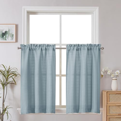 Chyhomenyc Bennet Kitchen Curtains 24 Inch Length, Faux Linen Textured Small Cafe Curtains, Light Filtering Short Window Curtain for Bathroom Basement, 30x24 inch, 2 PCS,Aqua with Greenish Tone