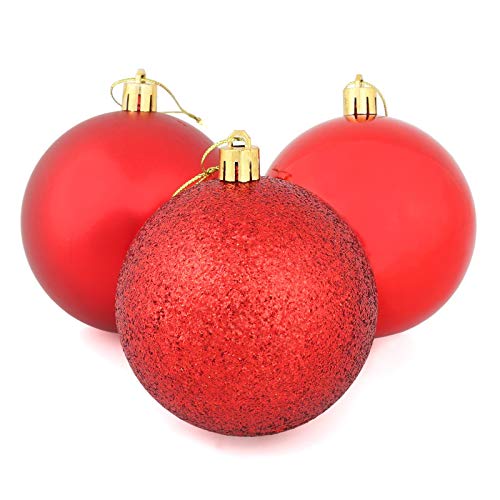 Mr Crimbo Set Of 9 Medium Round Christmas Tree Baubles Shiny Mirrored Matt Glittery, Red 8cm
