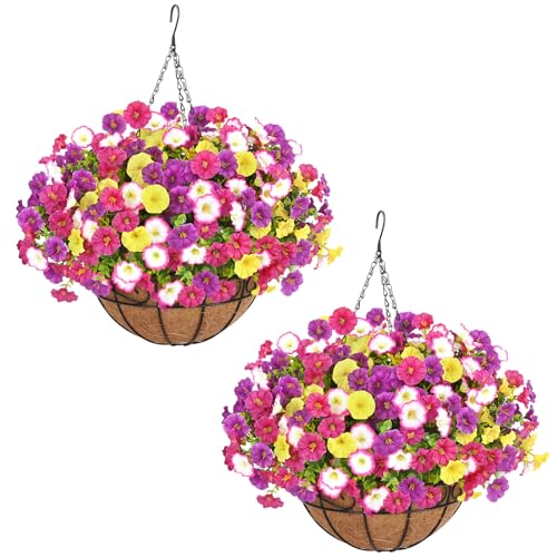 Elyum 2 Pack Artificial Hanging Flowers for Outdoors, Fake Flowers Artificial Petunias Hanging Baskets for Outdoors, UV Resistant Fake Hanging Plants Flowers for Outside Garden Patio Porch Decor
