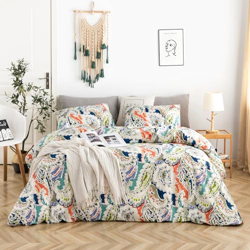 YuHeGuoJi Paisley Floral Duvet Cover Queen 100% Cotton Boho Flower Duvet Cover 3 Pieces Set 1 Vintage Paisley Duvet Cover with Zipper Ties 2 Pillowcase Luxury Soft Orange Blue Bohemian Bedding Set