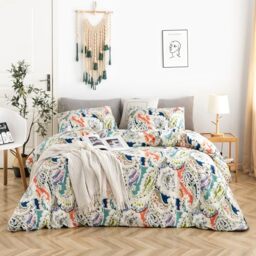 YuHeGuoJi Paisley Floral Duvet Cover Queen 100% Cotton Boho Flower Duvet Cover 3 Pieces Set 1 Vintage Paisley Duvet Cover with Zipper Ties 2 Pillowcase Luxury Soft Orange Blue Bohemian Bedding Set