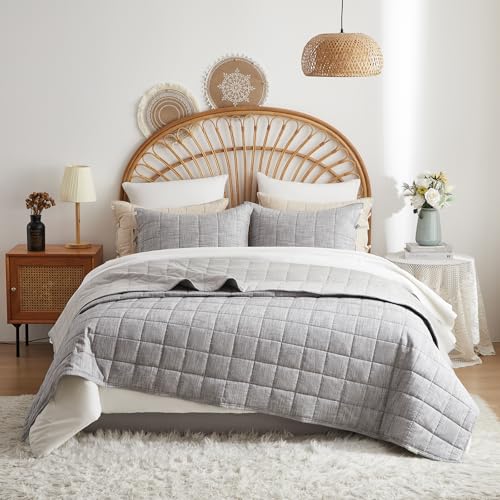 softpage Charcoal Gray Quilts Queen Size, Cotton Queen Quilt Set Stone Washed with Grey Stripe Bedding Coverlet Light Weight 3-Pieces with 2 Pillow Shams