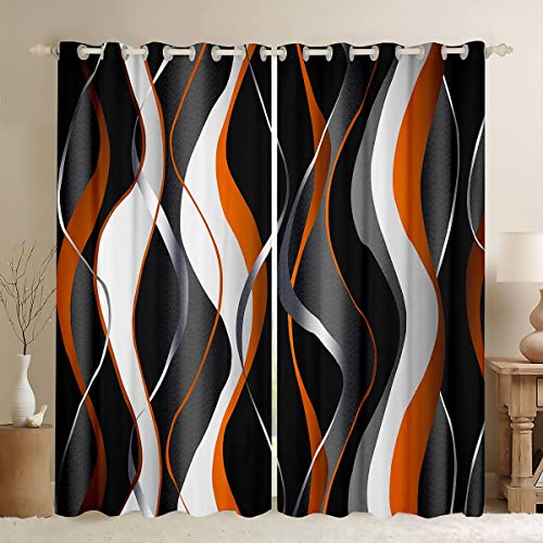 Feelyou Orange Grey Black Curtains Geometric Spiral Pattern Window Drapes for Boys Girls Modern Luxury 30%-50% Blackout Curtain Abstract Art Window Treatments 38W X 45L???2 Panels