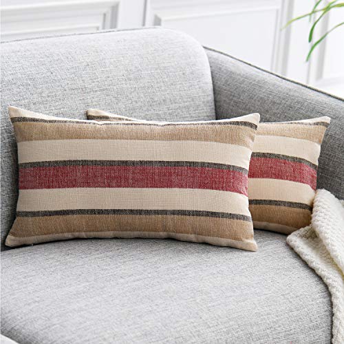 NATUS WEAVER 2 Pieces Decorative Classic Retro Stripe Throw Pillow Cover Soft Faux Linen Modern Farmhouse Lumbar Cushion Case for Sofa Bedroom Car 12 x 18 Inch Red Brown Mixed