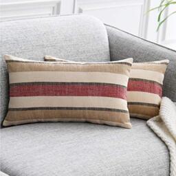 NATUS WEAVER 2 Pieces Decorative Classic Retro Stripe Throw Pillow Cover Soft Faux Linen Modern Farmhouse Lumbar Cushion Case for Sofa Bedroom Car 12 x 18 Inch Red Brown Mixed