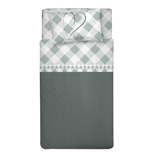 PENSIERI DELICATI Single Bed Sheet Set, 100% Cotton, 90 x 200 cm Single Bed Sheet Set, Includes Bottom Sheet, Top Sheet and 1 Pillowcase, Made in Italy, Green Lovely Check Pattern