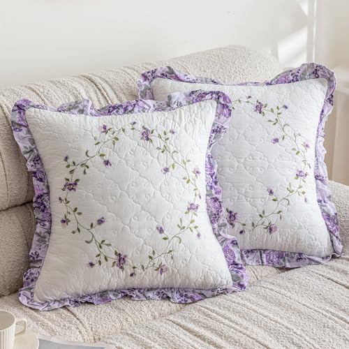 "vctops Set of 2 Cotton Quilted Embroidered Decorative Square Throw Pillow Covers with Ruffles Floral Soft Cushion Case for Couch Sofa Bed (Flower C,18""x18"")"