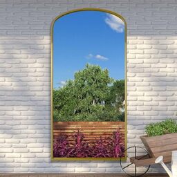 "MirrorOutlet The Angustus - Gold Metal Framed Modern Shallow Arched Garden Wall and Leaner Mirror 79"" X 39"" (200CM X 100CM) Black. 2cm Wide Frame and 3cm Deep.…"