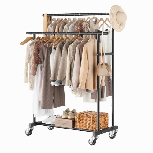 Calmootey Double Rod Clothing Garment Rack,Rolling Hanging Clothes Rack,Portable Clothes Organizer for Bedroom,Living Room,Clothing Store,Black