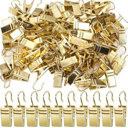 Teenitor 100 Pack Gold Curtain Clips Curtain Hooks, Stainless Steel Small Clips for Hanging Curtains, Outdoor String Lights, Art Craft Display, Gold