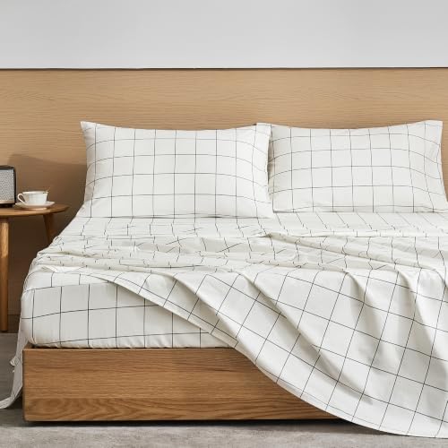 JELLYMONI 4Pcs Plaid Sheet Sets, 100% Natural Cotton Sheets Set,Geometric Pattern Bed Set with 16'' Deep Pocket, (Twin, White)