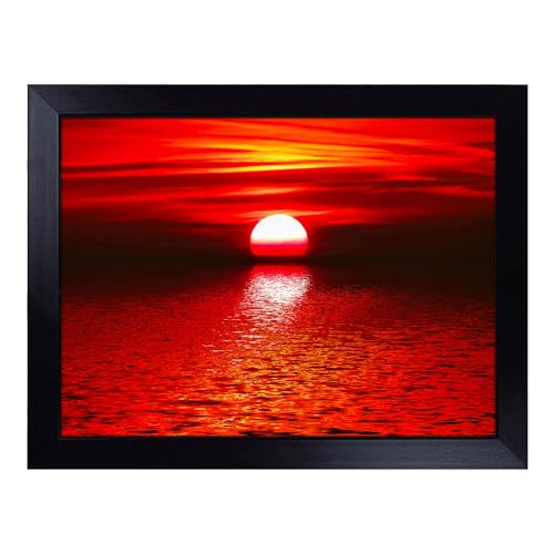 Lap Tray with Bean Bag Cushion, Landscape Red Sunset Art - Handmade in the UK, Raised Wooden Edge, Padded Cushion, Heat-Resistant Wipe-Clean Surface, for Meals, Laptops and Crafts