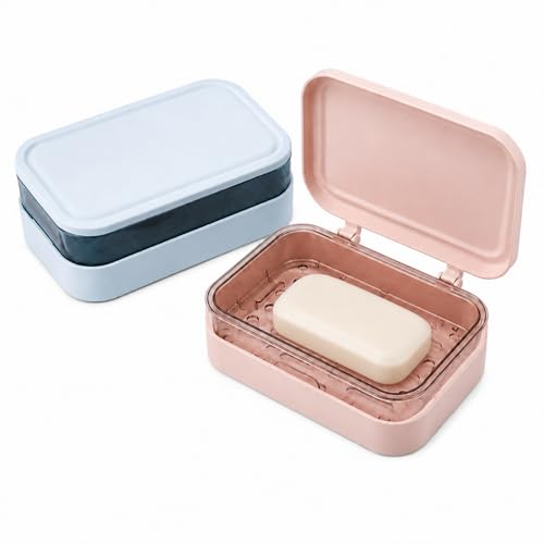 Travel Bar Soap Container 2-Pack, Soap Case with Draining Board - Soap Box for Travel, Camping, Gym, Bathroom, Hotel (Blue & Light Pink)